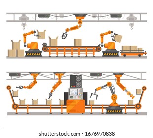 Robotic arm factory line vector illustration, robot technology of production assembly on conveyor belt. Robotics concept. Modern manufacturing equipment. Futuristic industry machine. Automatic device.
