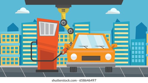 Robotic arm filling up fuel into the car at the gas station. Robotic arm refueling a car at the gas station. Robotic arm serving at the gas station. Vector flat design illustration. Horizontal layout.