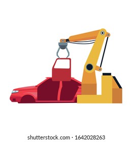 robotic arm fixing a car body over white background, colorful design, vector illustration