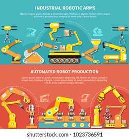 Robotic arm flat composition with industrial robotic arms and automated robot production descriptions vector illustration