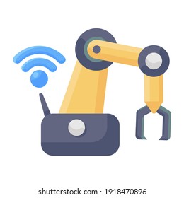 
A robotic arm, flat icon of industrial robot