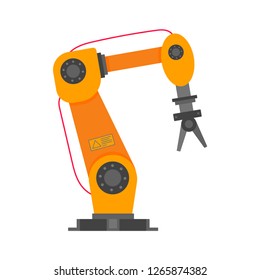 Robotic arm flat style design vector illustration icon sign isolated on white background. Robot arm or hand. Industrial robot manipulator. Modern smart industry 4.0 technology. Automated manufacturing