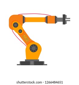 Robotic arm flat style design vector illustration icon sign isolated on white background. Robot arm or hand. Industrial robot manipulator. Modern smart industry 4.0 technology. Automated manufacturing