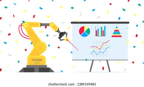 Robotic arm flat style design vector illustration icons signs isolated on white background. Robot arm or hand do report on flip chart infographics. Modern smart industry 4.0 technology.