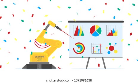 Robotic arm flat style design vector illustration icons signs isolated on white background. Robot arm or hand do report on flip chart infographics. Modern smart industry 4.0 technology.