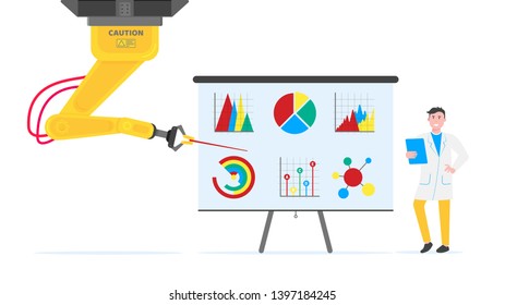 Robotic arm flat style design vector illustration icons signs isolated on white background. Robot arm or hand do report on flip chart infographics. Modern smart industry 4.0 technology.