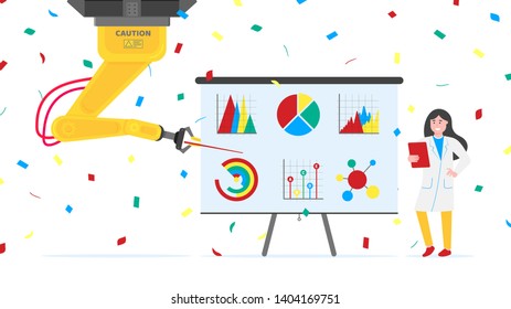 Robotic arm flat style design vector illustration icons signs isolated on white background. Robot arm or hand do report on flip chart infographics. Modern smart industry 4.0 technology.