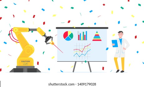 Robotic arm flat style design vector illustration icons signs isolated on white background. Robot arm or hand do report on flip chart infographics. Modern smart industry 4.0 technology.