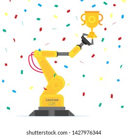 Robotic arm flat style design vector illustration icon sign isolated on confetti background. Robot arm or hand hold cup trophy. Industrial robot manipulator. Modern smart industry 4.0 technology.