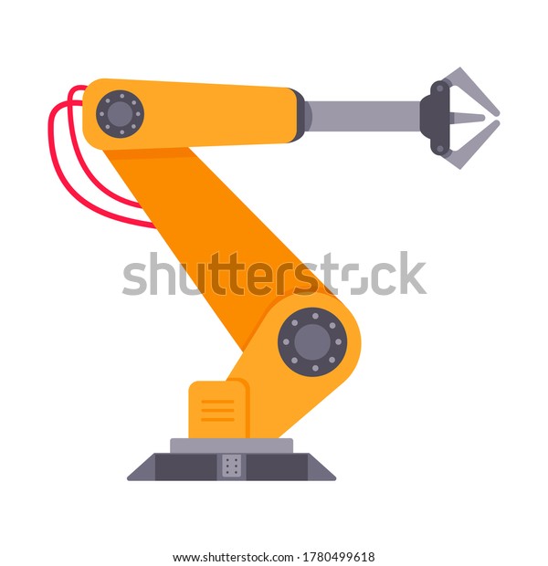 Robotic\
arm flat style design vector illustration isolated on white\
background. Robot arm or hand. Industrial manipulator. Modern smart\
factory industry 4.0 technology\
manufacturing.