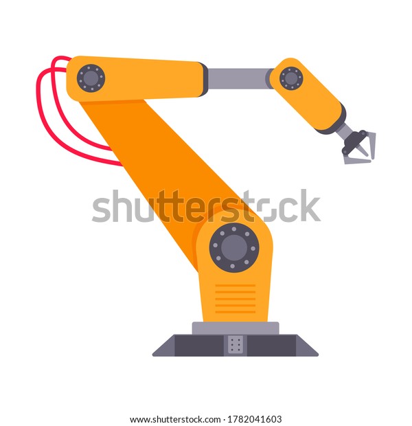 Robotic\
arm flat style design vector illustration isolated on white\
background. Robot arm or hand. Industrial manipulator. Modern smart\
factory industry 4.0 technology\
manufacturing.