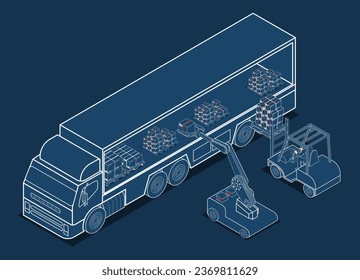 Robotic Arm and Forklift Taking a Cardboard Box from the Truck. Autonomous Robot transportation operation service. Vector illustration eps10