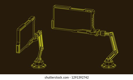 Robotic arm with futuristic monitor. Vector outline illustration. Dimetric projection.