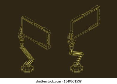 Robotic arm with futuristic monitor. Vector outline illustration. Isometric projection.