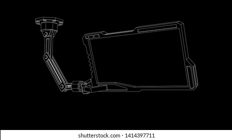 Robotic arm with futuristic monitor. Vector outline illustration.