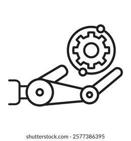 Robotic arm with gear icon symbolizing automation, engineering, innovation, and industrial machinery. Ideal for technology, robotics, AI, manufacturing, and futuristic production concepts.