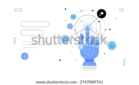 Robotic arm, generative models and big data analisys. Data generation process. High tech development. Abstract scheme. Web banner with place for text, presentation slide template.  Flat graphics. Vector file.