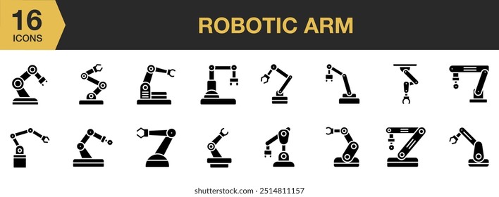 Robotic Arm Glyph icon set. Includes Robotic arm icons and More. Solid icons vector collection.