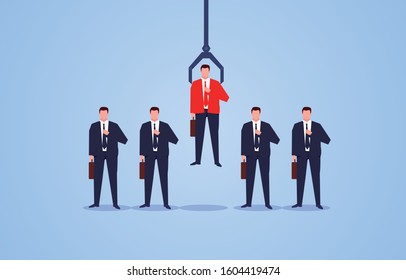 Robotic arm grabs businessmen standing in a row, chooses, recruits human resources management