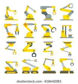 Robotic arm, hand, industrial robot flat vector icons set. Robot industry technology and machine arm robot for manufacture illustration