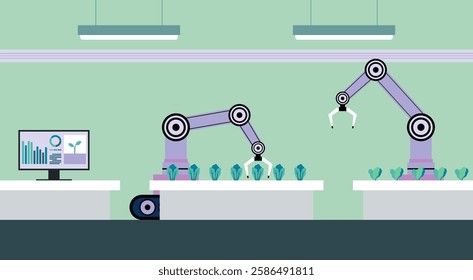 Robotic arm handling crop in a high tech automated farm system, smart agriculture, vertical farming innovation, the future of sustainable food production with AI technology, flat vector illustration