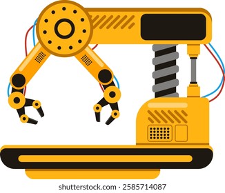 Robotic arm handling machine operating in a factory setting represents modern industrial automation and advanced manufacturing processes, enhancing efficiency and productivity in production lines