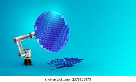 Robotic arm hold Semiconductors or Silicon Wafer on electronics factory. Semiconductor chips on circle wafer of silicon. Industrial technology process production electronics chips. Chip manufacturing.