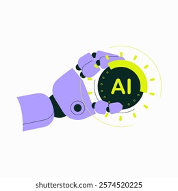 Robotic Arm Holding Ai Button In Flat Vector Illustration Symbolizing Artificial Intelligence, Technology, And Innovation, Isolated On White Background.