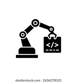 Robotic Arm Holding Code Icon Representing Programming Automation