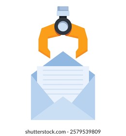 Robotic arm is holding a letter over an envelope, representing email marketing automation