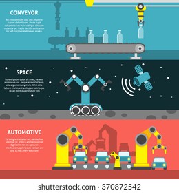 Banner horizontal de brazo robótico con elementos planos transportadores de espacio y automoción ilustraciones vectoriales aisladas