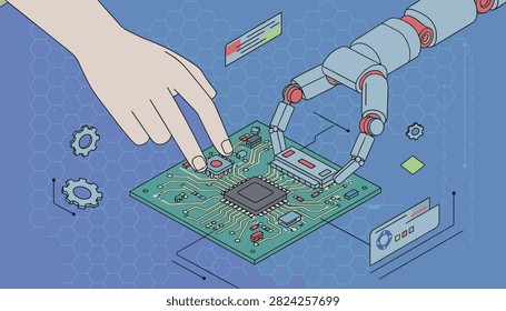 Robotic arm and a human hand collaborate to assemble electronic components onto a green circuit board in a digital tech environment.