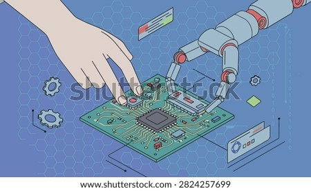 Robotic arm and a human hand collaborate to assemble electronic components onto a green circuit board in a digital tech environment.