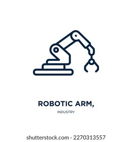 brazo robótico, icono de la colección industrial. Brazo robótico lineal delgado, robot, icono de contorno del brazo aislado sobre fondo blanco. Brazo robótico vectorial de línea, signo, símbolo para web y móvil