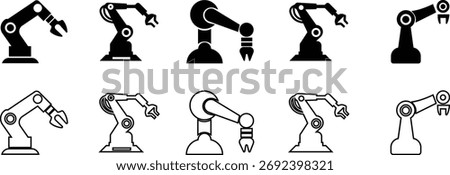 Robotic Arm Icon Set and Industrial Automation Vector Collection Group of Mechanical Robot Hand, Factory Machine, Engineering Technology Symbol in Black Flat and Line Style