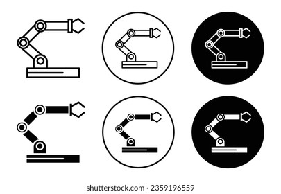 Robotic arm icon set. industry factory automated mechanical arm vector symbol. manufacturing machinery robotic arm sign in black filled and outlined style.