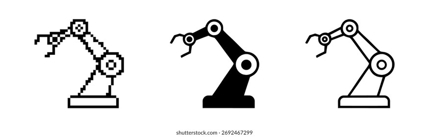Robotic Arm Icon Set Showing Pixelated, Solid, and Outline Style