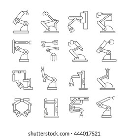 robotic arm icons, industrial robot outline set