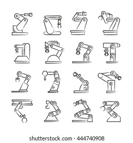 robotic arm icons, machine robot for manufacture vector illustration hand drawn icons