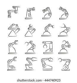 robotic arm icons, machine robot for manufacture vector illustration hand drawn icons