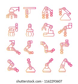 robotic arm  icons manufacturing process in red line theme