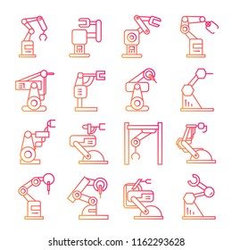 robotic arm  icons manufacturing process in red line theme
