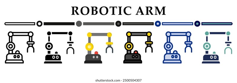 Robotic arm icons set. 6 Various styles. For sign, symbol, element, presentation, infographic or web graphics. Vector Illustration.