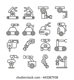 robotic arm icons set, industrial robot, machine arm robot for manufacture vector illustration outline icons