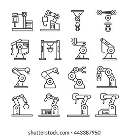 robotic arm icons set, industrial robot, machine arm robot for manufacture vector illustration outline icons