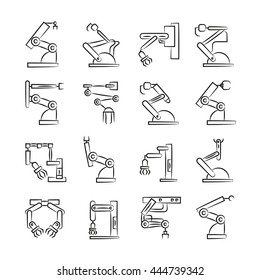 robotic arm icons set, machine robot for manufacture vector illustration hand drawn icons