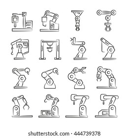 robotic arm icons set, machine robot for manufacture vector illustration hand drawn icons