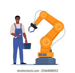 Robotic arm. Industrial tool mechanical robot arm machine hydraulic equipment. Black man repairing automated machine hand. Mechanic in uniform with toolbox and wrench in his hand. Vector illustration