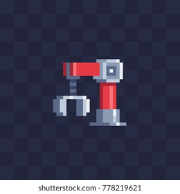 Robotic arm in for industry work. Automation icon. Pixel art style. Robot hand controller. 8-bit sprite. Isolated abstract vector illustration.