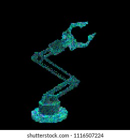 Robotic arm. Isolated on black background. Vector illustration. Halftone pixel style.